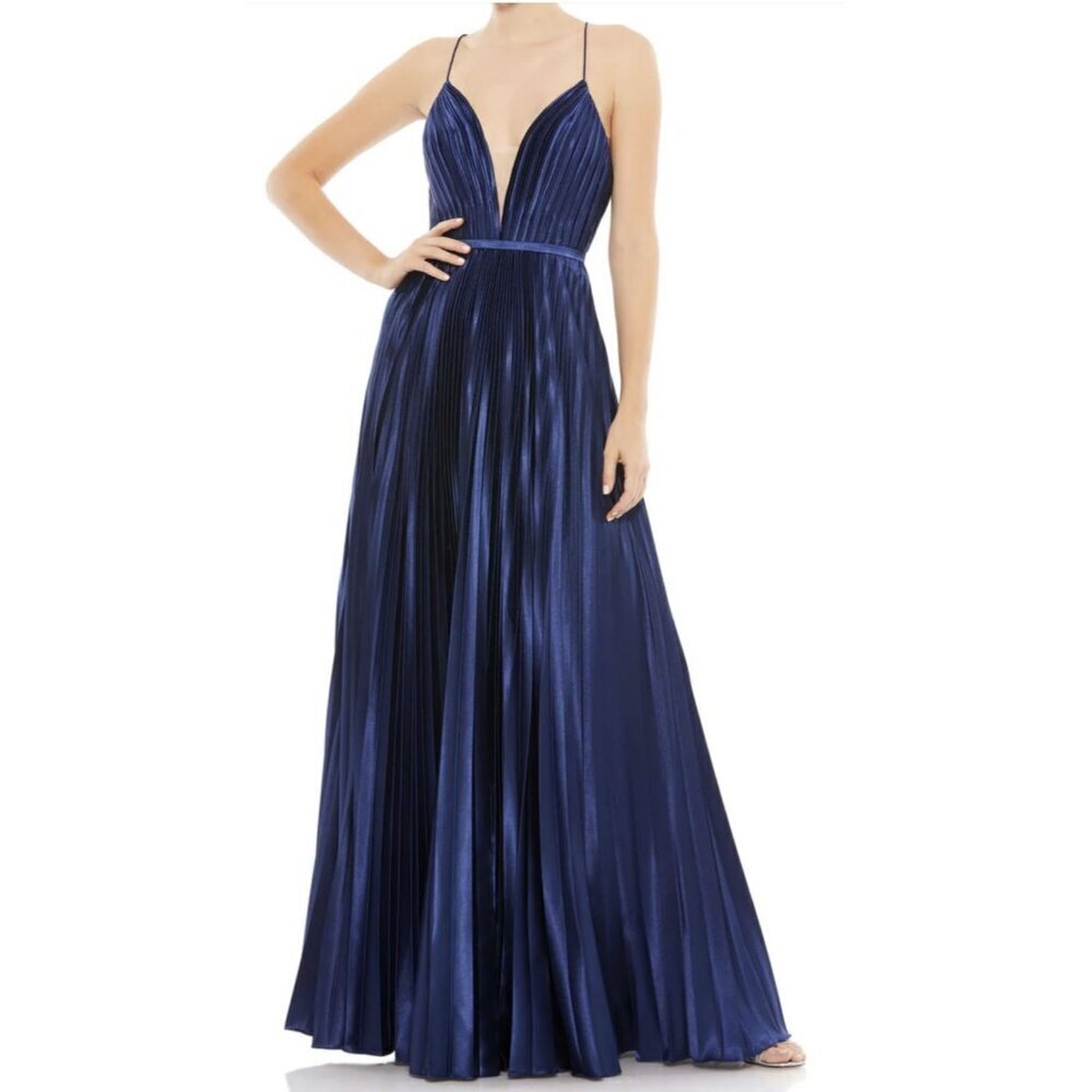 Mac Duggal Plunge Neck Cross Back Pleated Maxi Dress Formal Gown NWT 4939